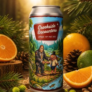 Creekside Encounters Spruce Tip Pale Ale can surrounded by spruce tips, orange slices and pine cones
